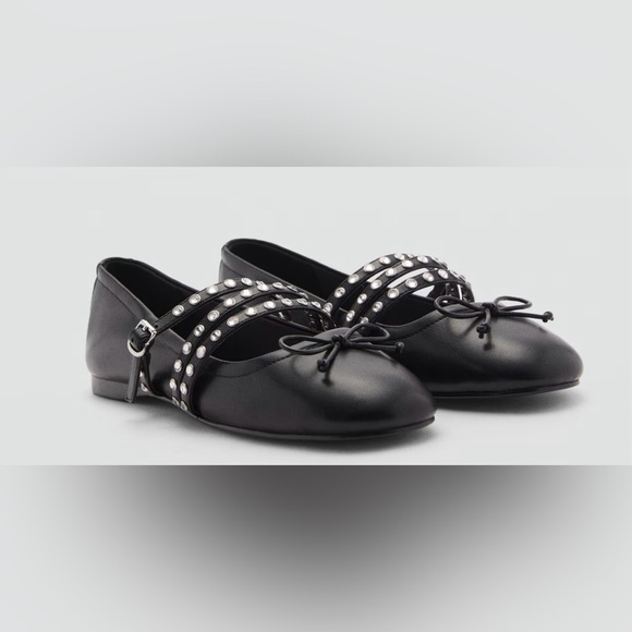 MANGO MNG Women’s Silver STUDDED Black BALLET FLATS WITH STRAPS Size 35/5 - Picture 2 of 16